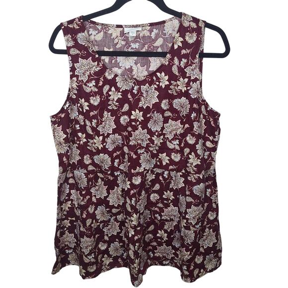 J. Jill Tops - J. Jill Love Linen Sleeveless Top Medium Burgundy  Floral Tiered Boho Babydoll